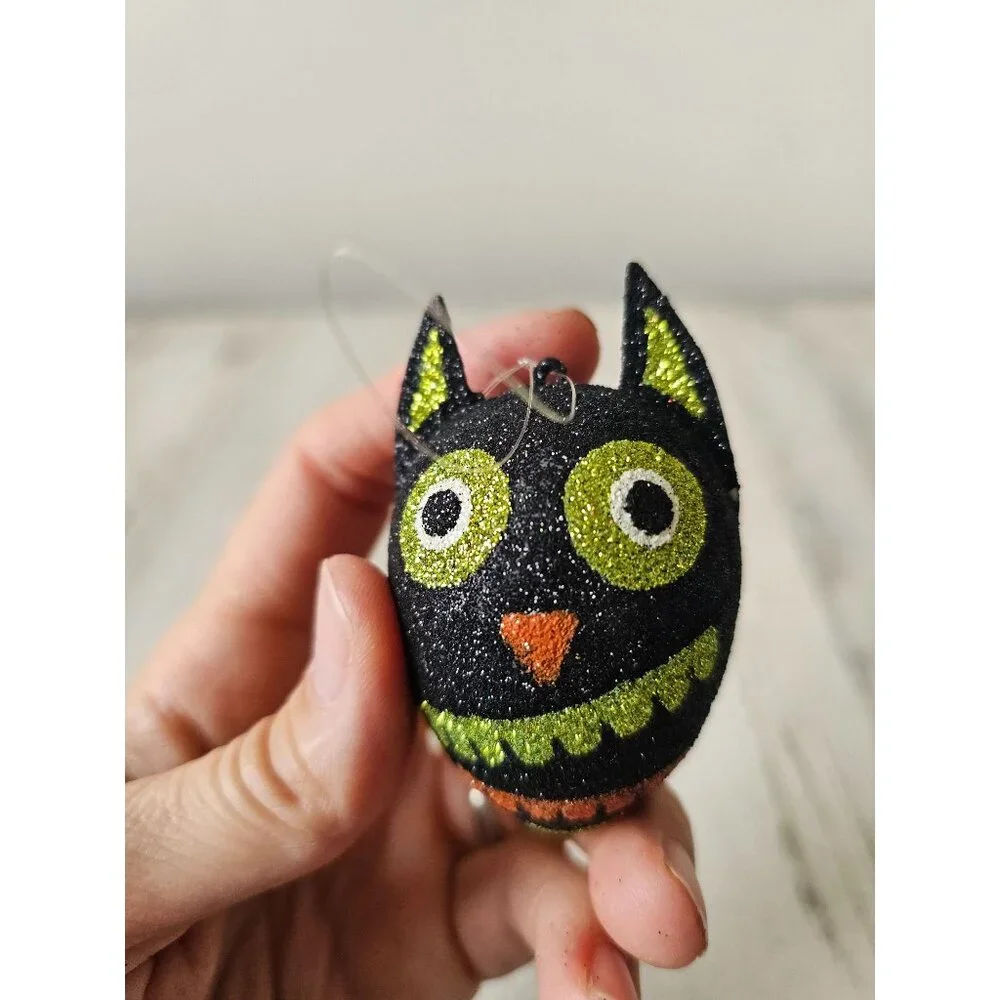 Pier‎ 1 cat glitter ornament rare Xmas tree black green